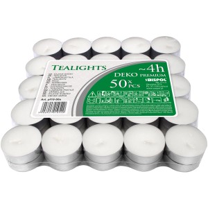 50 białych podgrzewaczy z 4-godzinnym czasem palenia w przezroczystym plastikowym pojemniku.