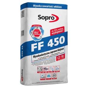 Worek kleju do płytek Sopro FF 450, elastyczny i z wysokim wzmocnieniem włóknami.