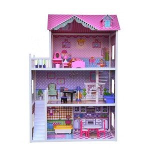 Trzypiętrowy domek dla lalek z meblami i dekoracjami dla dzieci.