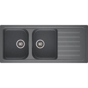 Szary zlewozmywak granitowy t.b.t. z dwiema komorami i ociekaczem.