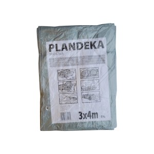 Szara plandeka budowlana t.b.t. 3x4m, złożona. Idealna do zakrywania i ochrony w budownictwie.
