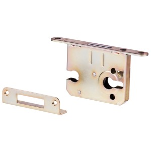 Zamek wpuszczany z blachą czołową i zaczepem do drzwi wewnętrznych.