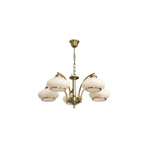 Mosiężna lampa wisząca t.b.t. z pięcioma kremowymi kloszami.