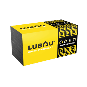 Płyty styropianowe Lubau, zapakowane w żółty karton z logo.
