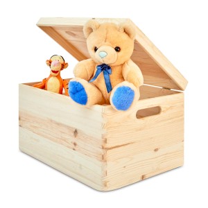 Otwarty drewniany pojemnik do przechowywania z misiem i pluszową zabawką Tygryska.