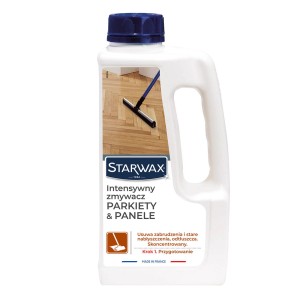 Środek do czyszczenia parkietów i paneli Starwax, biała butelka z niebieską zakrętką.