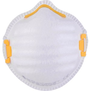Maska przeciwpyłowa LUX FFP1, 3 sztuki, biały respirator z żółtymi detalami.