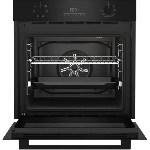 Czarny piekarnik do zabudowy z otwartymi drzwiami, wnętrze z rusztem i blachą.