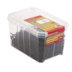 Plastikowe pudełko z czarnymi wkrętami, 3,5x35 mm, 1000 sztuk. Nadaje się do mocowania.