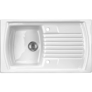 Biały zlew ceramiczny z ociekaczem i komorą.