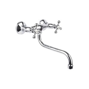 Chromowana, dwuuchwytowa bateria ścienna.