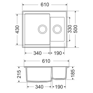 Rysunek techniczny zlewozmywaka granitowego t.b.t. z wymiarami.