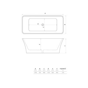 Rysunek techniczny wanny wolnostojącej t.b.t. z wymiarami do instalacji i planowania.