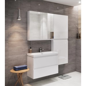 Nowoczesny zestaw łazienkowy z białą szafką umywalkową, szafką z lustrem i szafką wysoką.