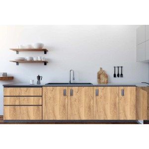 Zestaw kuchenny oklejony folią drewnopodobną. Folia samoprzylepna imitująca drewno.