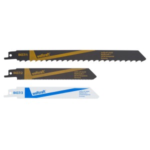 Zestaw brzeszczotów do piły szablastej Wolfcraft, różne wzory do różnych zastosowań.