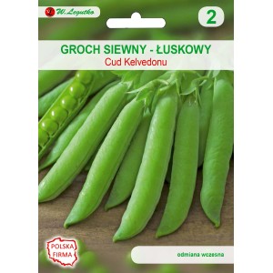 Opakowanie nasion grochu 'Cud Kelvedonu'. Zielone strąki grochu na opakowaniu.