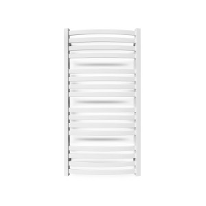 Biały grzejnik t.b.t. z zakrzywionymi szczeblami.