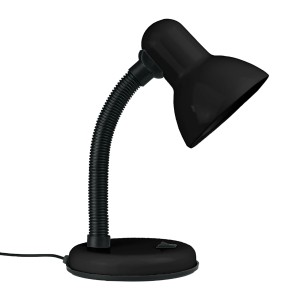 Czarna lampka biurkowa z elastycznym ramieniem do pracy.