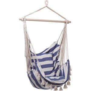 Krzesło wiszące Lytton, w paski biało-niebieskie z drewnianym drążkiem i frędzlami, wygodny fotel wiszący do ogrodu.