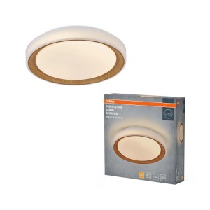 Lampa sufitowa LED Osram Orbis Glorie, okrągła, biała z dekorem drewna i funkcją Click-Dim.