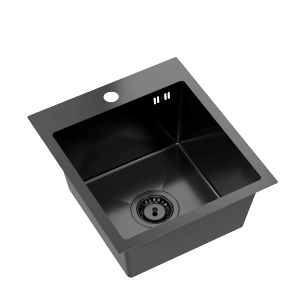 Czarny, kwadratowy zlew ze stali nierdzewnej.