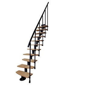 Schody wewnętrzne t.b.t. ze stopniami drewnianymi i czarną poręczą.