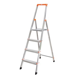 Drabina Krause Solidy z 4 stopniami, pałąkiem bezpieczeństwa i półką na drobne elementy.