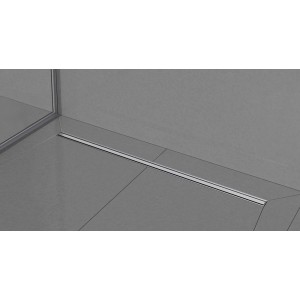 Elegancki prysznic bez brodzika z odpływem liniowym t.b.t. w nowoczesnej łazience.