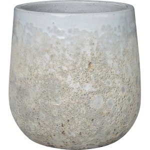 Doniczka t.b.t. o teksturowanej powierzchni w kolorze białym i beżowym.