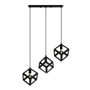 Czarna lampa wisząca z trzema kloszami w kształcie kostki, nowoczesna lampa do użytku wewnętrznego.