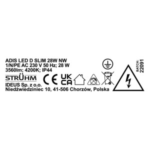 Struhm Plafon kwadratowy ADIS LED D SLIM 28W 4200K 1900lm IP44 33x33cm biały
