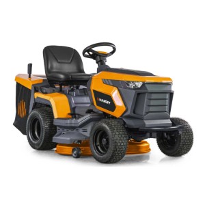 Żółty traktorek kosiarka z czarnym siedzeniem i koszem na trawę.