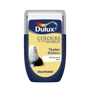 Tester farb Dulux „Słoneczne Sari”: Żółty wałek do malowania ścian z motywem psa.