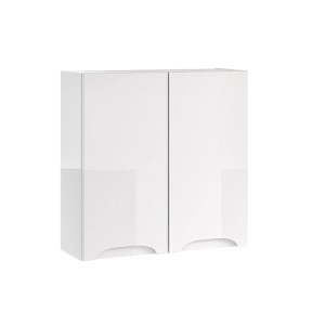 Biała szafka wisząca do zestawów mebli łazienkowych z dwojgiem drzwi.