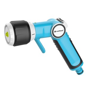 Jasnoniebieski pistolet ogrodowy t.b.t. do podlewania w ogrodzie.