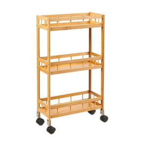 Bambusowy regał łazienkowy t.b.t. z trzema półkami i kółkami.