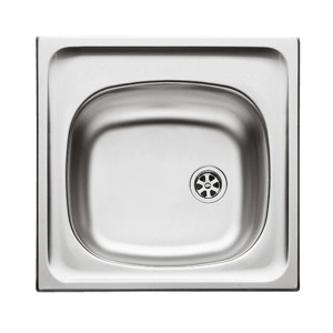 Kwadratowy zlew ze stali nierdzewnej, błyszczący z odpływem.
