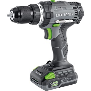 Zestaw wiertarko-wkrętarki akumulatorowej LUX A-BS-20, 20V, z akumulatorem i ładowarką.