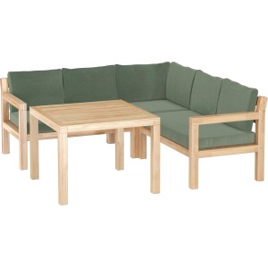 Drewniany zestaw mebli ogrodowych z narożnikiem i stołem, zielone poduszki.