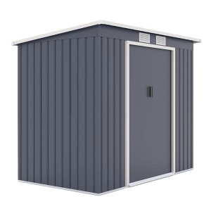 Szara metalowa szopa narzędziowa z drzwiami i otworami wentylacyjnymi. Idealna do przechowywania w ogrodzie.