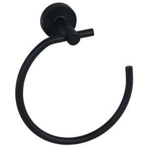 Czarny, montowany na ścianie okrągły wieszak na ręczniki, część zestawu akcesoriów łazienkowych.