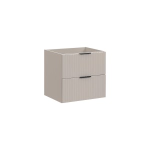 t.b.t. Beżowa szafka pod umywalkę z dwiema szufladami i czarnymi uchwytami.