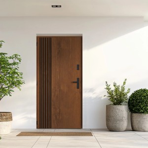 Nowoczesne drzwi zewnętrzne o wyglądzie drewna z pionowymi elementami dekoracyjnymi. Drzwi wejściowe dla OBI.