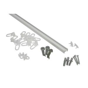 Gardinia szyna aluminiowa, 180 cm, biała, z akcesoriami, takimi jak ślizgacze, śruby i kołki.