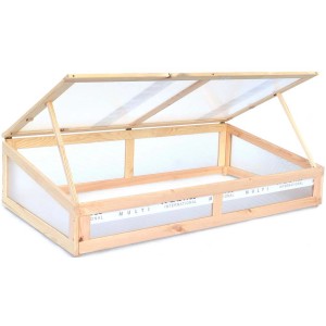 Drewniana podwyższona grządka z otwartą pokrywą.