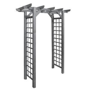 Szara drewniana pergola ogrodowa z kratką na rośliny.