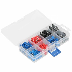 Zestaw różnych końcówek kablowych t.b.t. w przezroczystym pudełku.