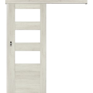 Jasne przesuwne drzwi t.b.t. z czterema szklanymi wkładkami do wnętrz.