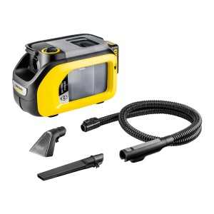 Akumulatorowy odkurzacz piorący Kärcher SE 3-18 Compact z wężem, dyszą do tapicerki i szczelinową.